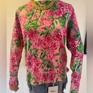 Lilly Pulitzer Pink Floral cotton Crewneck Sweater with Green Leaves